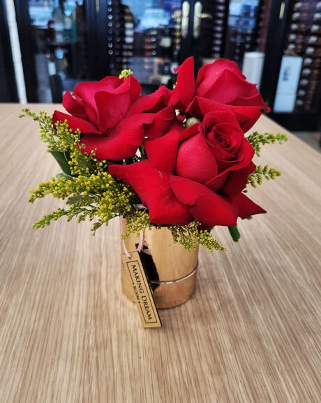 A Trio of Red Roses in a Golden Box