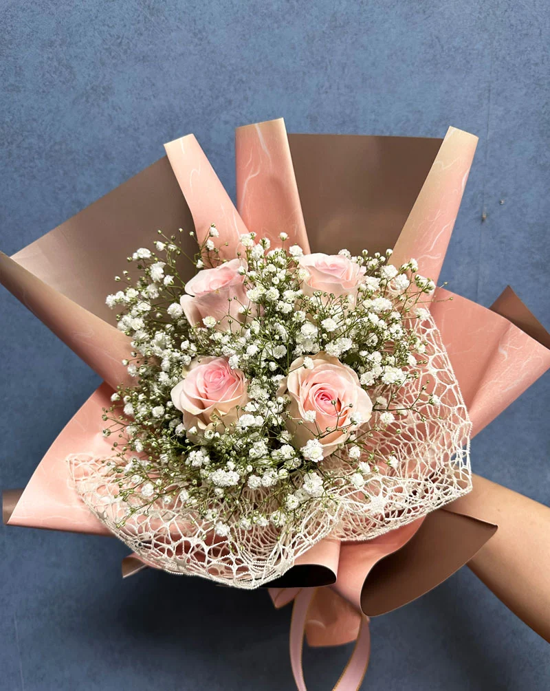 Pink Roses and Baby's Breath Bouquet
