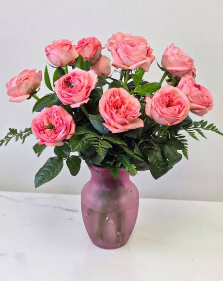 12 Pink Garden Roses In a Vase