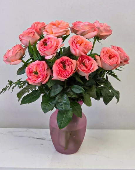 24 Pink Garden Roses In a Vase