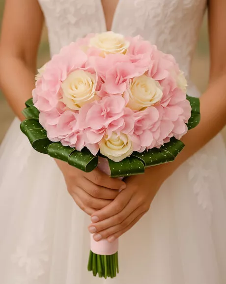 White Roses with Pink Hydrangea Bridal Bouquet