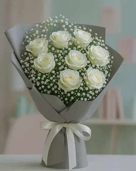 White Roses and Baby’s Breath Bouquet