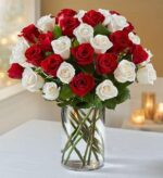 24 White and Red Roses in a Vase - Image 2