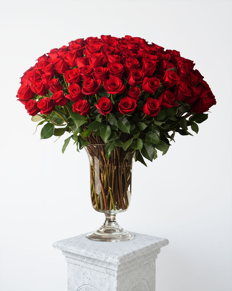 100 Premium Red Roses in a Vase