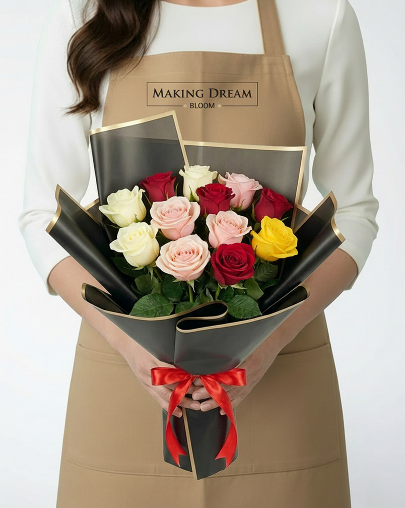 12 Mixed Color Roses Bouquet