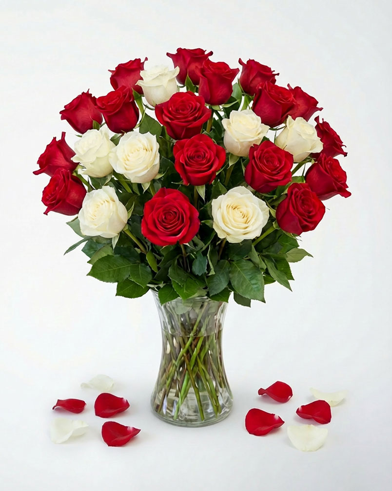 24 White and Red Roses in a Vase