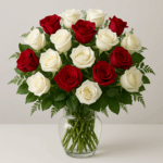 24 White and Red Roses in a Vase