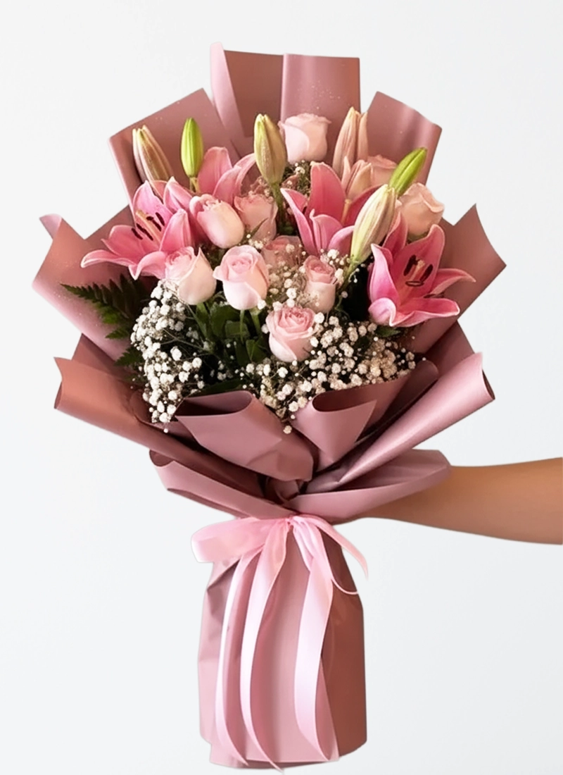 Pink Lily and Rose Bouquet