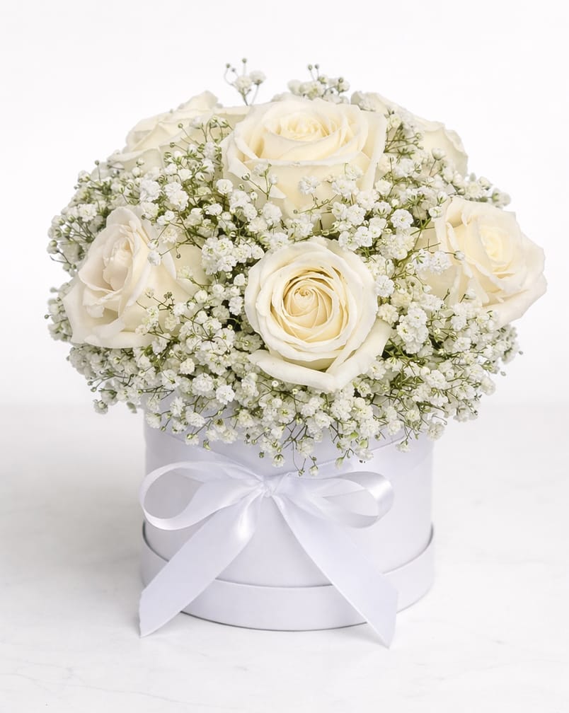 White Rose with Baby’s Breath Flower Box