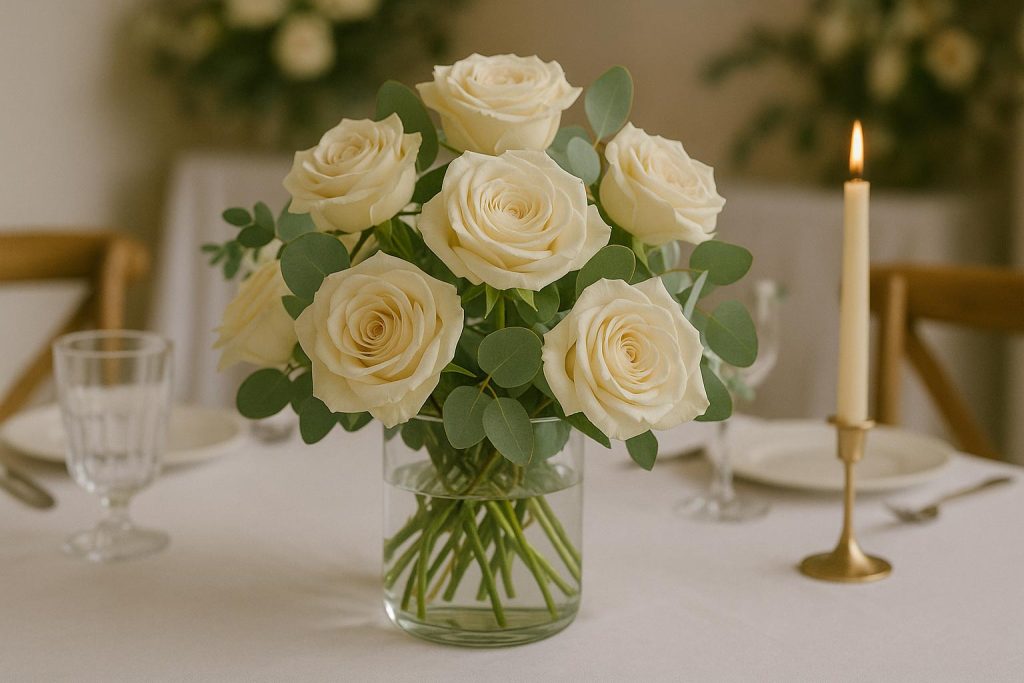 Ivory Vendela roses centerpiece on wedding table