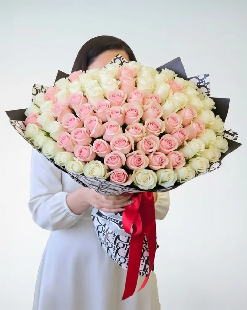 100 Pink and White Roses Bouquet