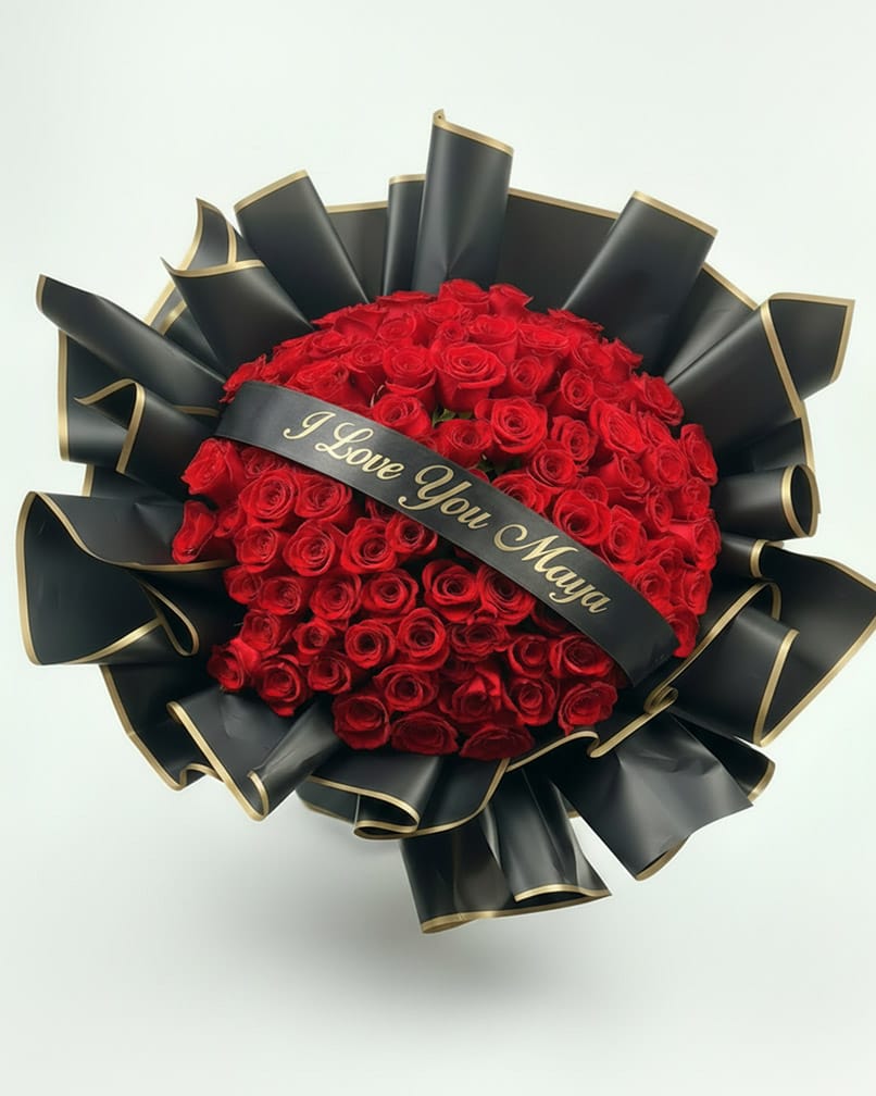 100 Red Roses with Custom Ribbon