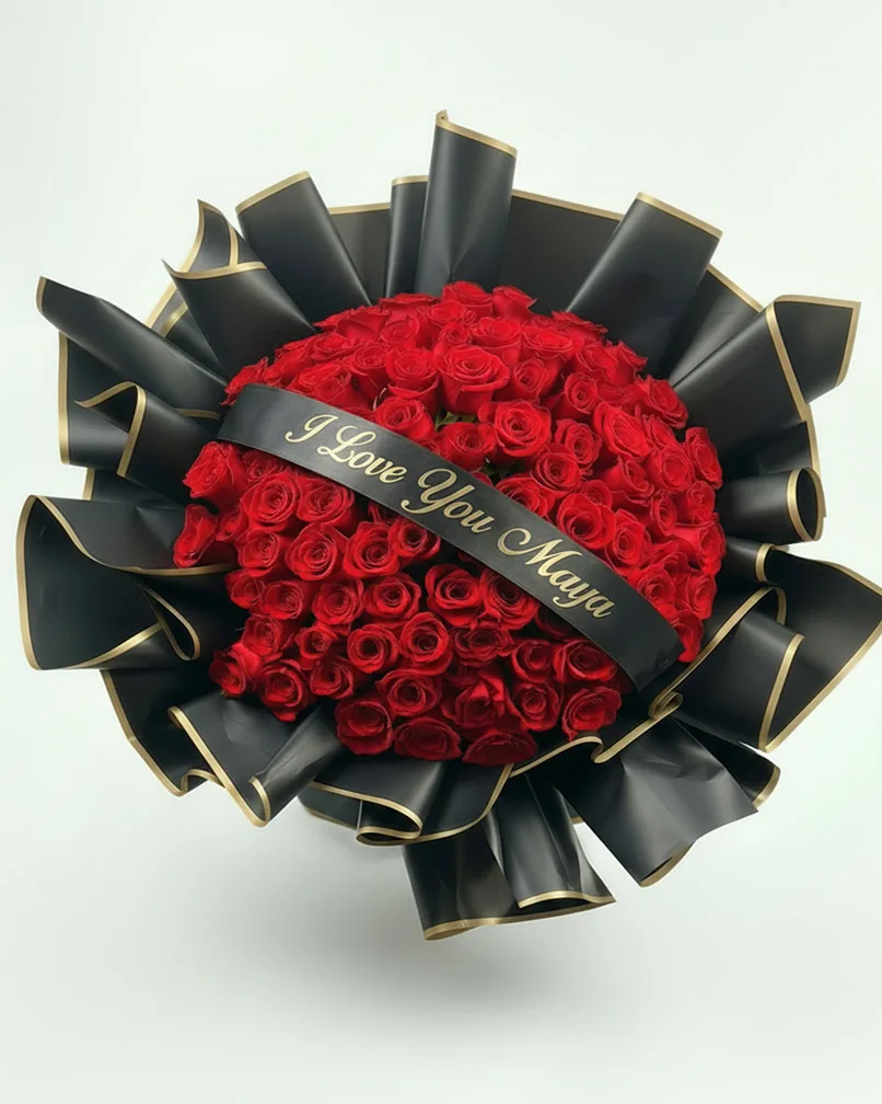 100 Red Roses with Custom Ribbon