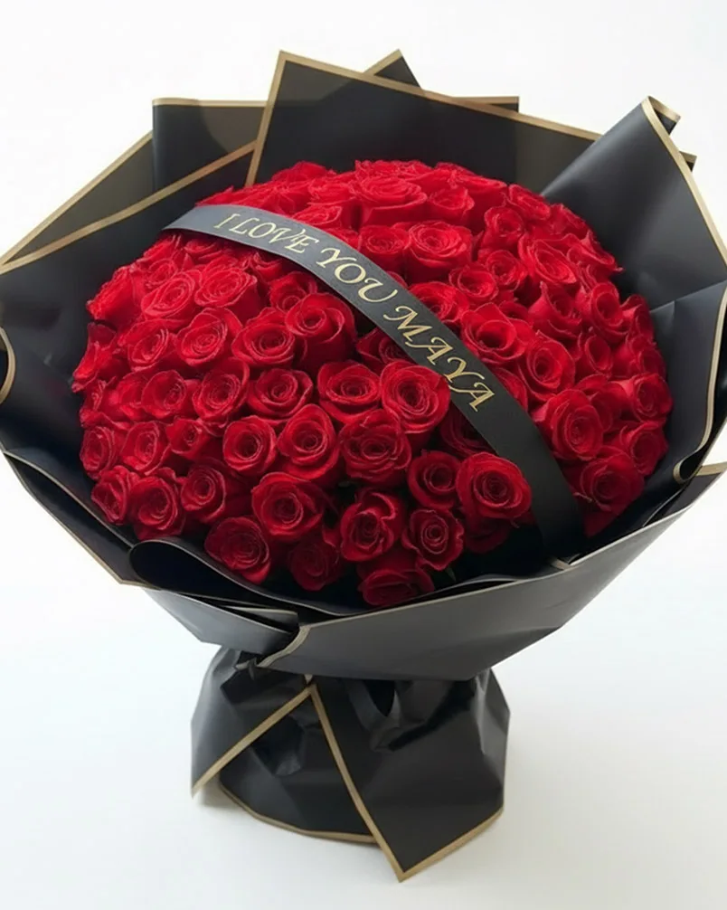 100 Red Roses with Custom Ribbon
