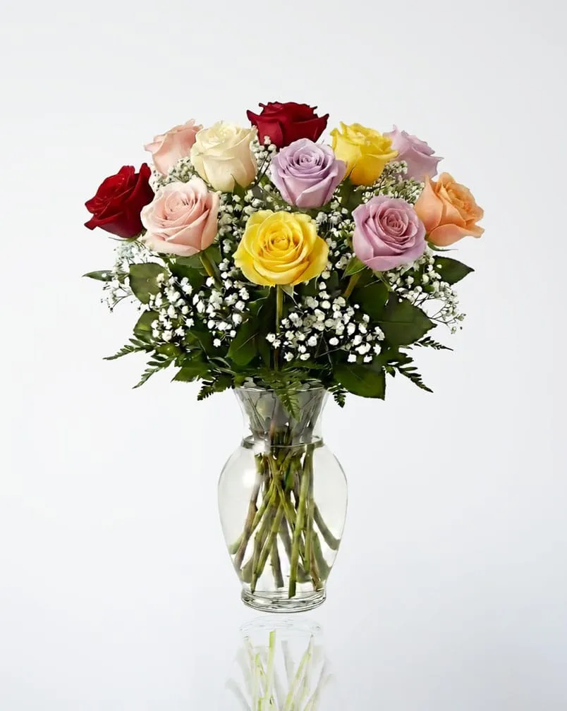 12 Mixed Color Roses in a Vase