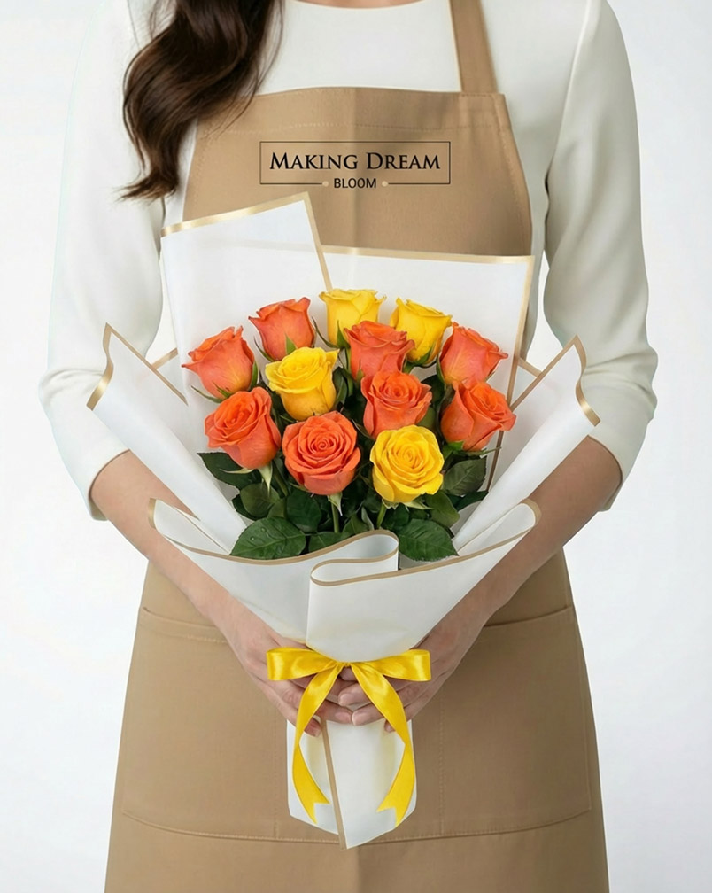 12 Orange and Yellow Roses Bouquet