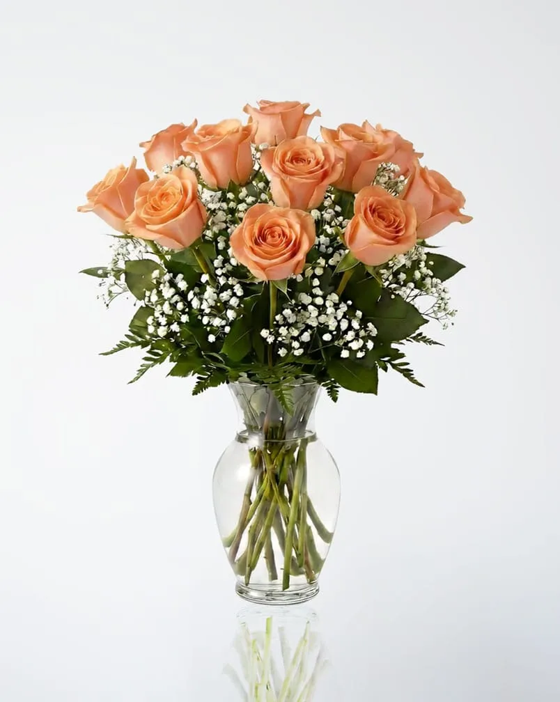 12 Peach Roses in a Vase