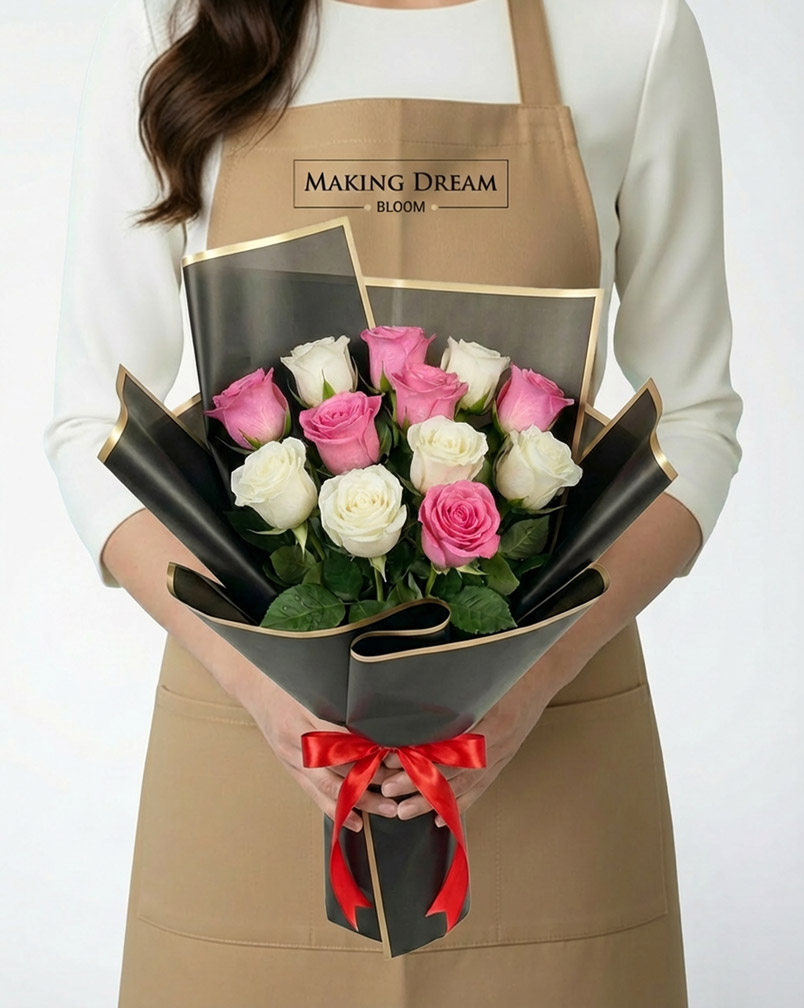 12 Pink and White Roses Bouquet