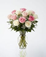 12 Pink and White Roses in a Vase