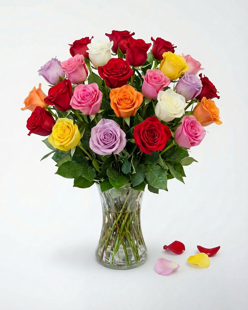 24 Mixed Color Roses in a Vase