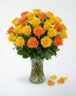 24 Orange and Yellow Roses in a Vase