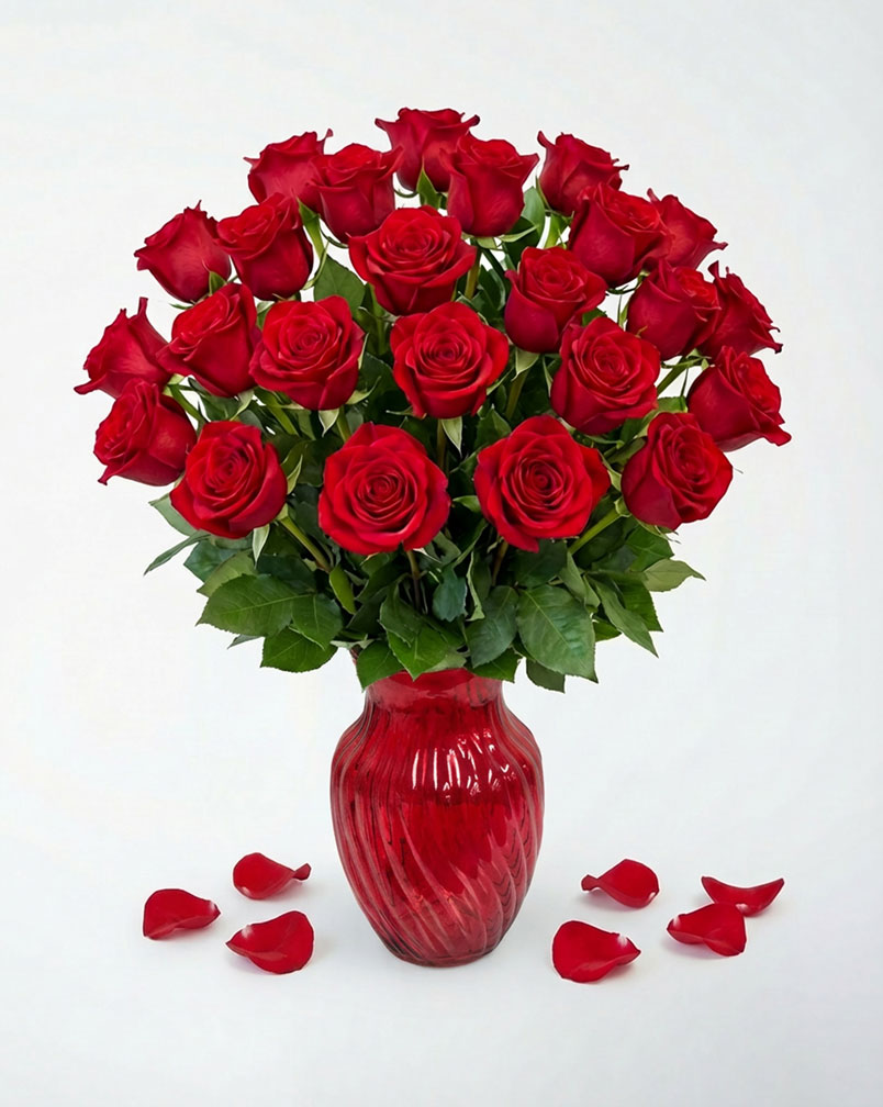 24 Red Roses in a Red Vase