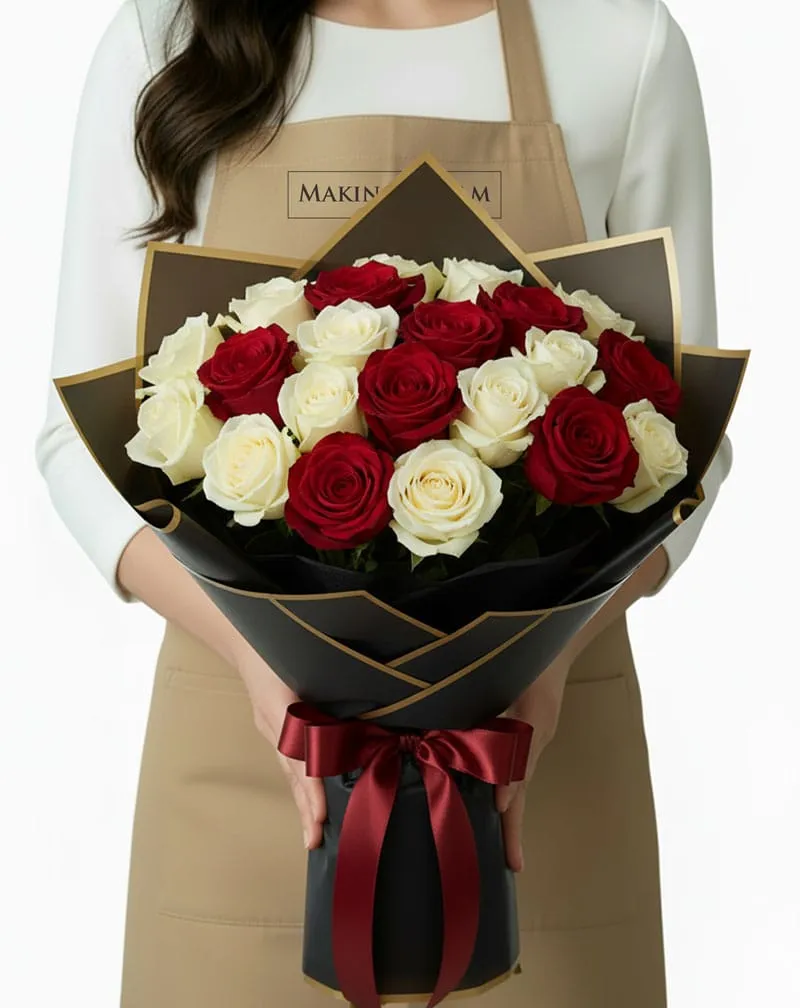24 White and Red Roses Bouquet