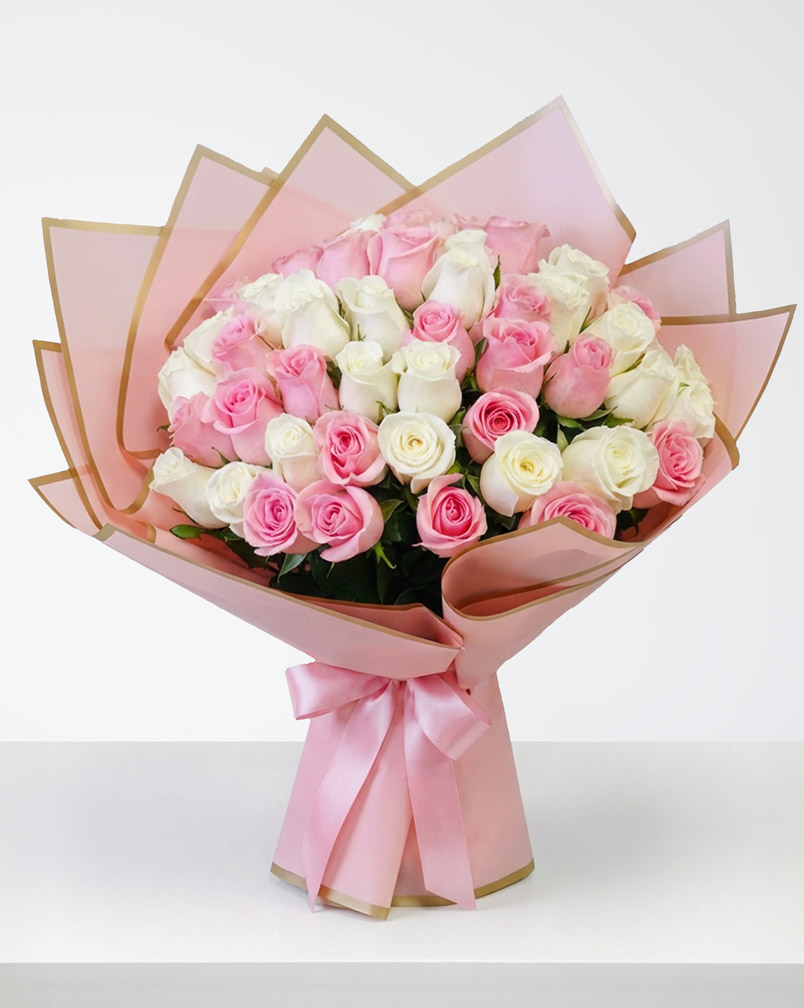 50 Pink and White Roses Bouquet