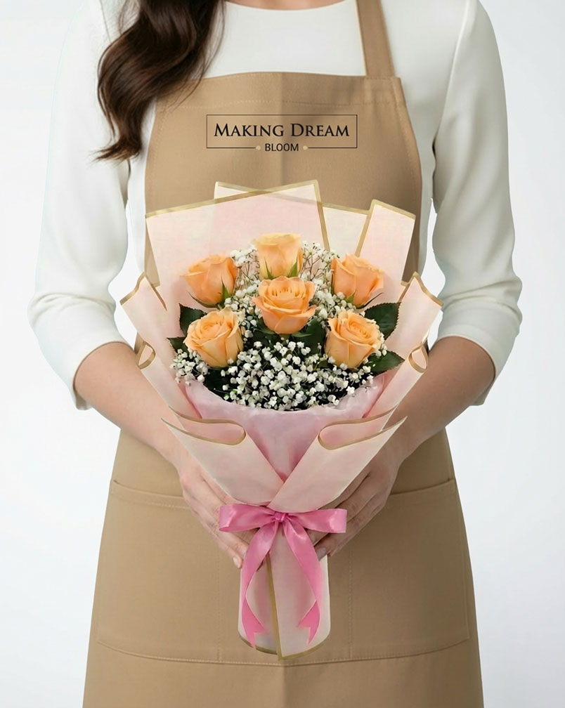 6 Peach Roses Bouquet