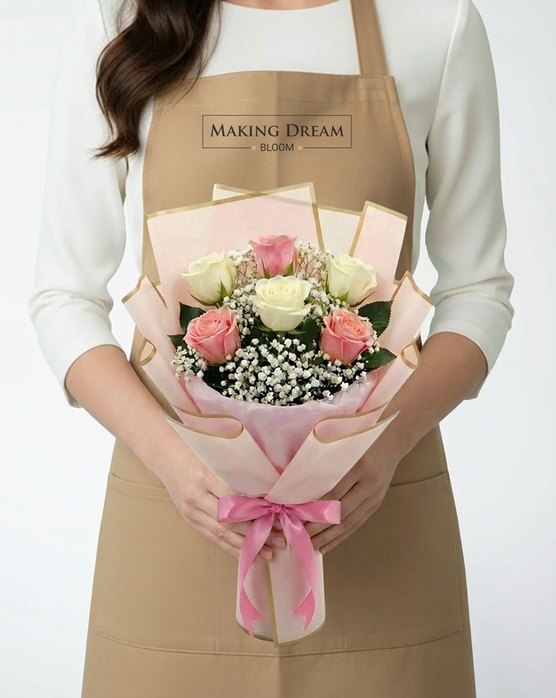 6 Pink and White Roses Bouquet