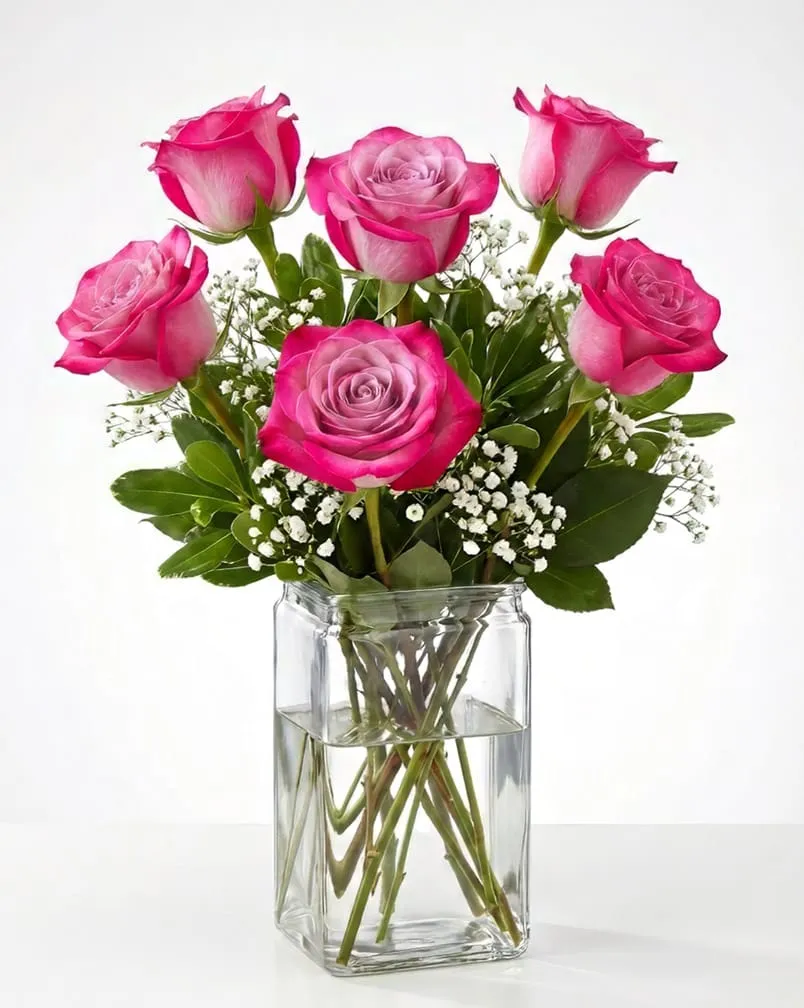 6 Purple Roses in a Vase