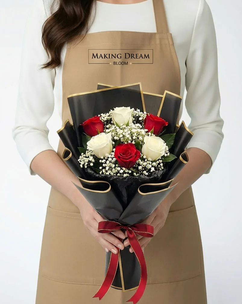 6 Red and White Roses Bouquet