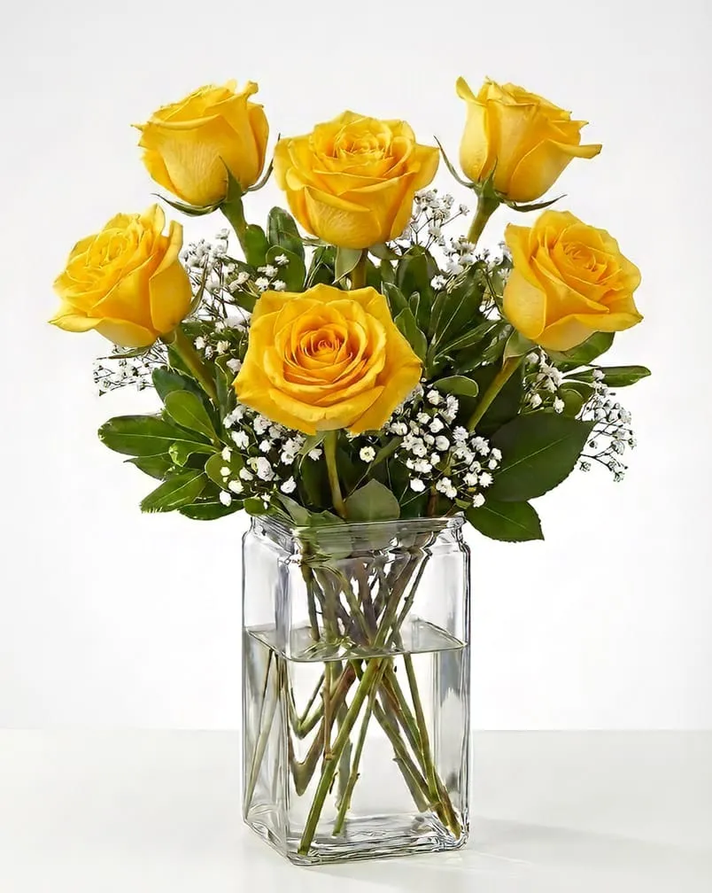 6 Yellow Roses in a Vase