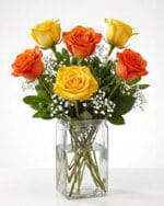 6 Yellow and Orange Roses in a Vase
