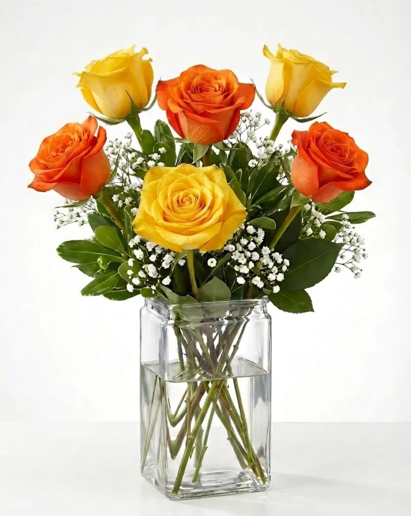 6 Yellow and Orange Roses in a Vase 6 Yellow and Orange Roses in a Vase