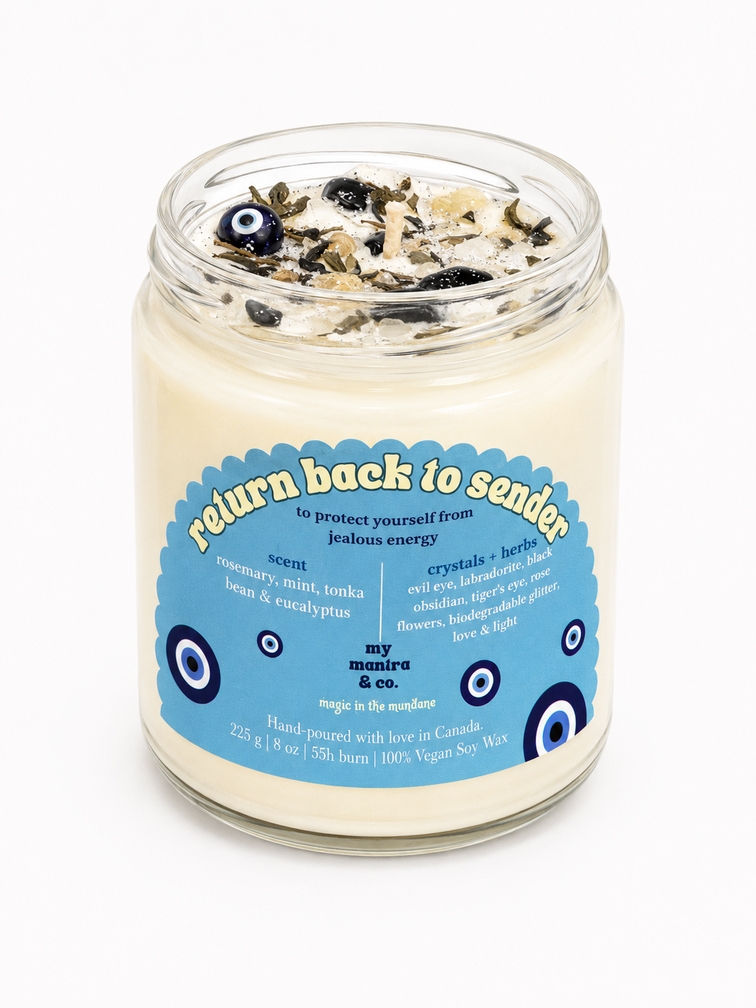 Return Back to Sender Evil Eye Crystal Candle - Rosemary, Mint, Tonka Bean & Eucalyptus Soy Candle making-dream