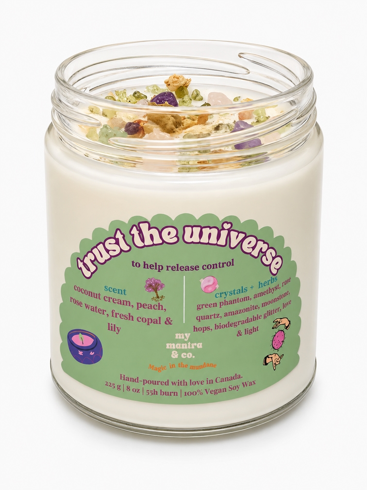 Trust the Universe Crystal Candle - Coconut Cream, Peach & Rose Water Vegan Soy Candle making-dream